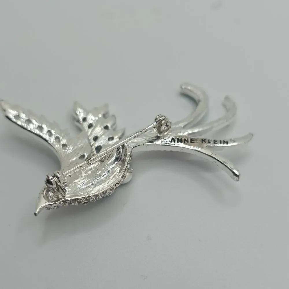 Anne Klein Signed Bird Brooch Silver Tone Blue Rhinestone Enamel